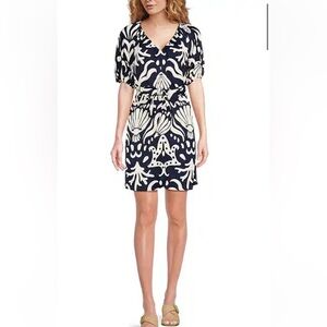 Alex Marie Womens Allison Satin Shell Print Crepe Short Sleeve A-Line Dress Sz M